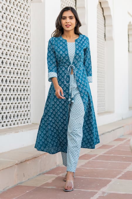 Kohsh_Blue Cotton Tassels, Embroidery Open Neck, Round Handblock Print Jacket Top Set_at_Aza_Fashions