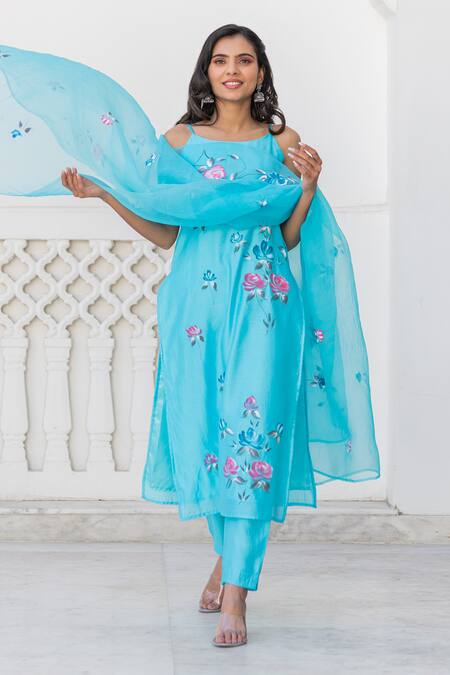 Kohsh_Blue Chanderi Handpainted Floral U Neck Strappy Kurta Pant Set _Online_at_Aza_Fashions