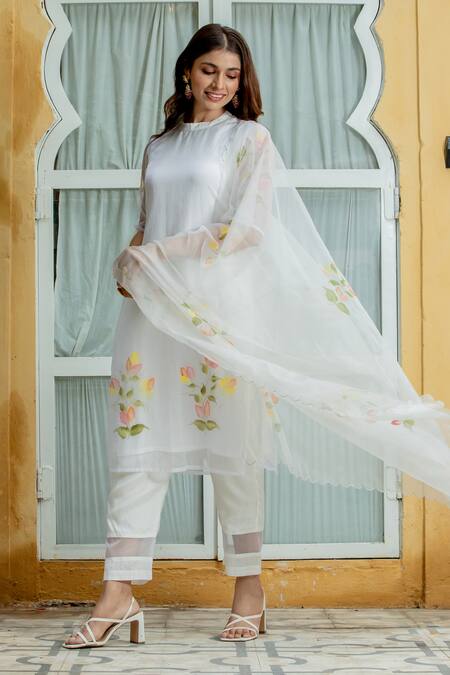 Shop Kohsh White Organza Handpainted Floral Band Collar Foliage Kurta Pant Set at Aza Fashions Shop_Kohsh_White Organza Handpainted Floral Band Collar Foliage Kurta Pant Set_at_Aza_Fashions