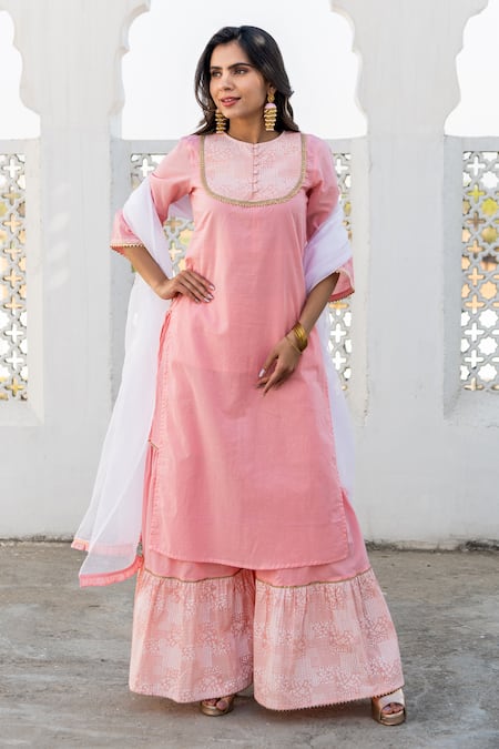 Kohsh_Pink Cotton Lace Round Neck Pastel Straight Kurta Sharara Set _Online_at_Aza_Fashions