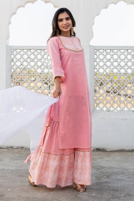 Buy_Kohsh_Pink Cotton Lace Round Neck Pastel Straight Kurta Sharara Set _Online_at_Aza_Fashions