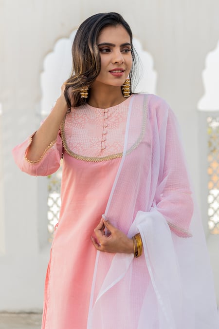 Shop_Kohsh_Pink Cotton Lace Round Neck Pastel Straight Kurta Sharara Set _Online_at_Aza_Fashions