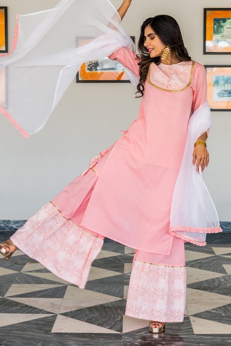Kohsh_Pink Cotton Lace Round Neck Pastel Straight Kurta Sharara Set _at_Aza_Fashions