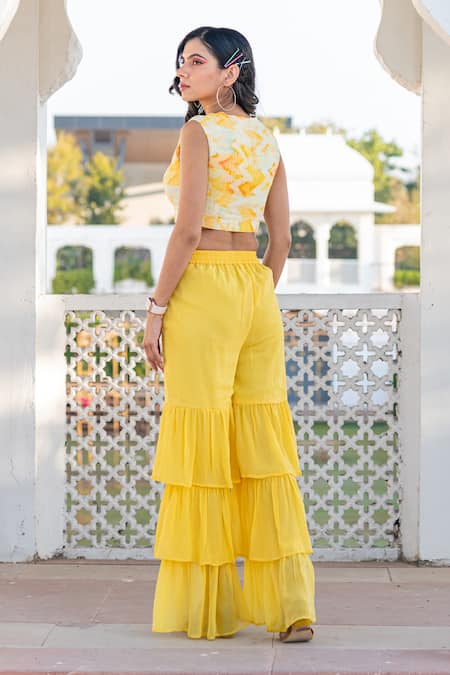 Kohsh Abstract Pattern Crop Top With Tiered Sharara 
