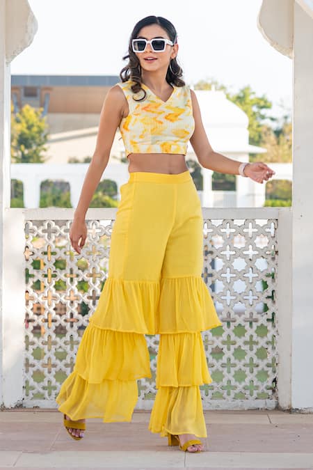 Shop_Kohsh_Yellow Georgette Abstract Round Pattern Crop Top With Tiered Sharara  _Online_at_Aza_Fashions
