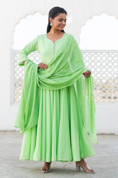 Kohsh Green Cotton Embroidery Flared Anarkali Set Online at Aza Fashions Kohsh_Green Cotton Embroidery Flared Anarkali Set _Online_at_Aza_Fashions
