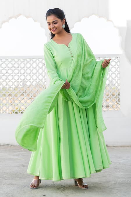 Buy Kohsh Green Cotton Embroidery Flared Anarkali Set Online at Aza Fashions Buy_Kohsh_Green Cotton Embroidery Flared Anarkali Set _Online_at_Aza_Fashions