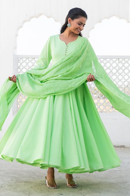 Shop Kohsh Green Cotton Embroidery Flared Anarkali Set Online at Aza Fashions Shop_Kohsh_Green Cotton Embroidery Flared Anarkali Set _Online_at_Aza_Fashions