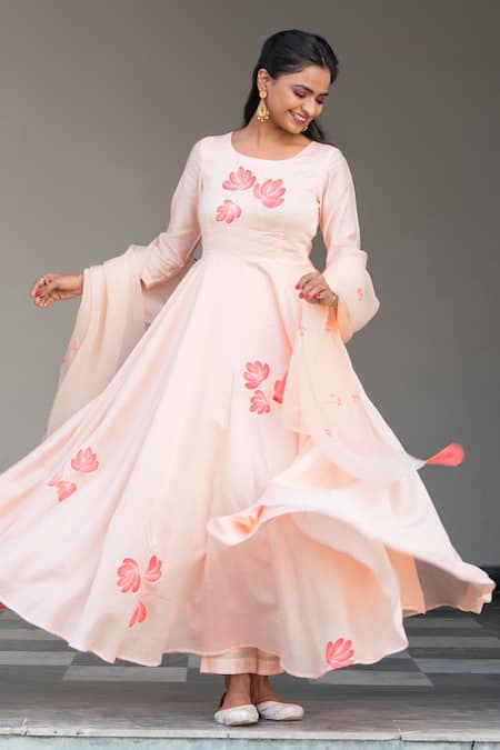 Shop_Kohsh_Peach Chanderi Embroidery, Tassels Round Neck Floral Hand Painted Anarkali Set _Online_at_Aza_Fashions