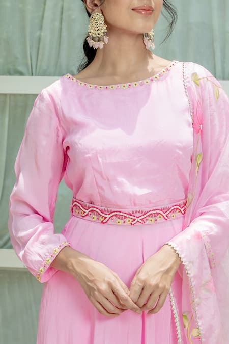 Kohsh_Pink Crepe, Silk Embroidery Round Neck Anarkali Set With Hand Painted Dupatta _Online_at_Aza_Fashions