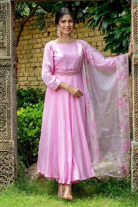 Buy_Kohsh_Pink Crepe, Silk Embroidery Round Neck Anarkali Set With Hand Painted Dupatta _Online_at_Aza_Fashions