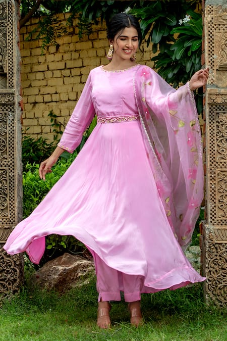 Shop_Kohsh_Pink Crepe, Silk Embroidery Round Neck Anarkali Set With Hand Painted Dupatta _Online_at_Aza_Fashions