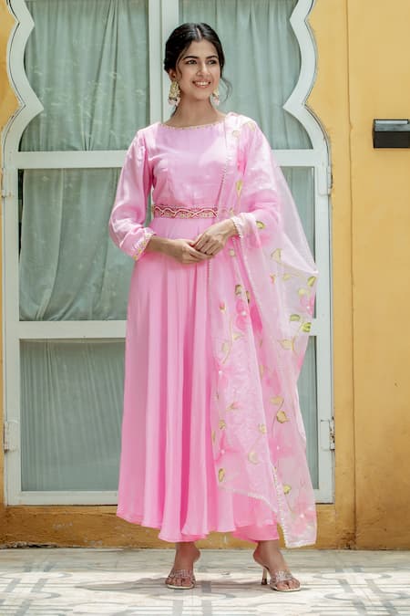 Kohsh_Pink Crepe, Silk Embroidery Round Neck Anarkali Set With Hand Painted Dupatta _at_Aza_Fashions