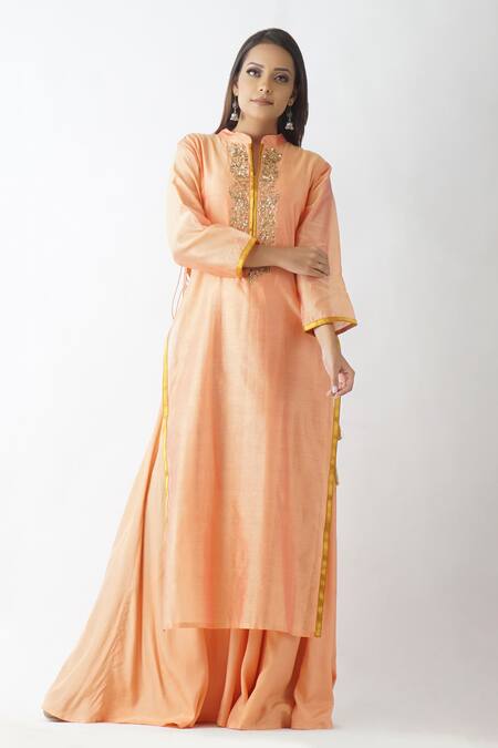 OMI Orange Chanderi Gota Patti, Sequins Mandarin Embroidered Yoke Layered Kurta 