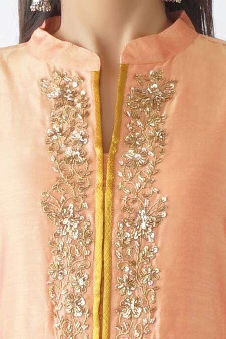 Shop_OMI_Orange Chanderi Gota Patti, Sequins Mandarin Embroidered Yoke Layered Kurta _Online_at_Aza_Fashions
