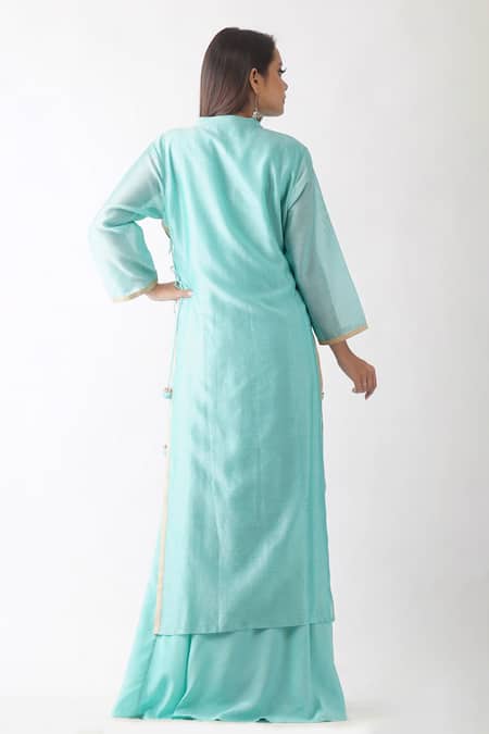 Shop_OMI_Blue Chanderi Sequins Mandarin Collar Embroidered Yoke Layered Kurta _at_Aza_Fashions