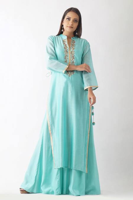 OMI_Blue Chanderi Sequins Mandarin Collar Embroidered Yoke Layered Kurta _Online_at_Aza_Fashions
