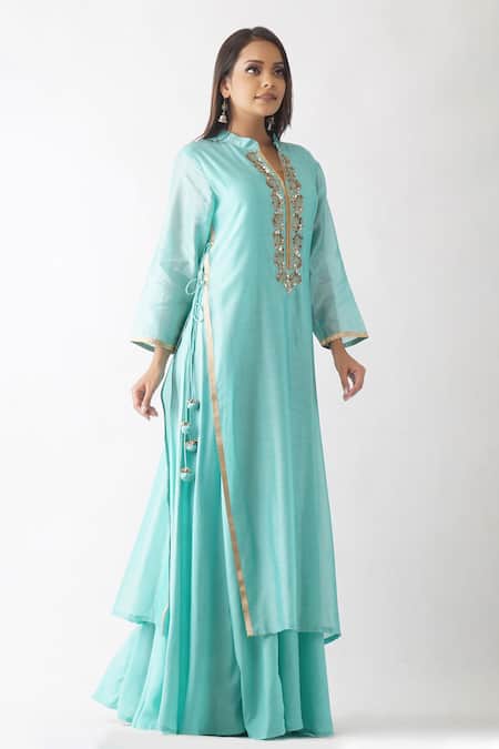 Buy_OMI_Blue Chanderi Sequins Mandarin Collar Embroidered Yoke Layered Kurta _Online_at_Aza_Fashions