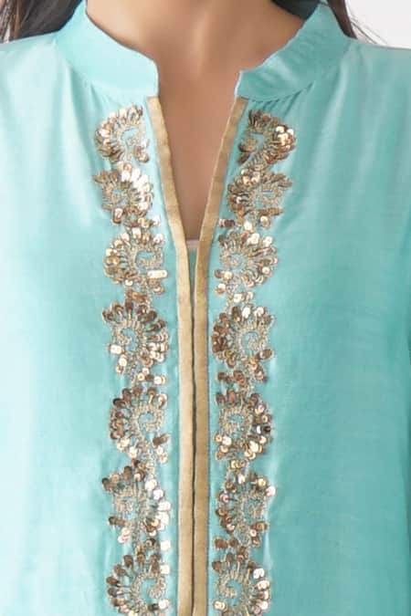 Shop_OMI_Blue Chanderi Sequins Mandarin Collar Embroidered Yoke Layered Kurta _Online_at_Aza_Fashions