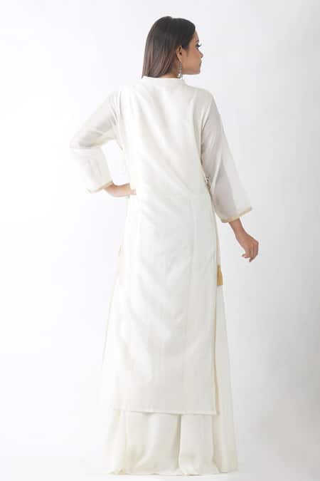 Shop_OMI_White Chanderi Sequins Mandarin Collar Embroidered Yoke Layered Kurta _at_Aza_Fashions