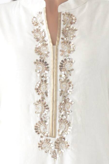 Shop_OMI_White Chanderi Sequins Mandarin Collar Embroidered Yoke Layered Kurta _Online_at_Aza_Fashions