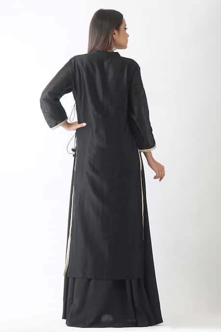Shop_OMI_Black Chanderi Gota Patti Mandarin Collar Work Yoke Layered Kurta _at_Aza_Fashions