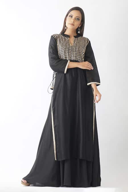 OMI_Black Chanderi Gota Patti Mandarin Collar Work Yoke Layered Kurta _Online_at_Aza_Fashions