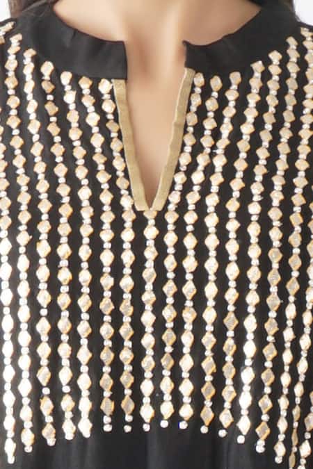 Shop_OMI_Black Chanderi Gota Patti Mandarin Collar Work Yoke Layered Kurta _Online_at_Aza_Fashions