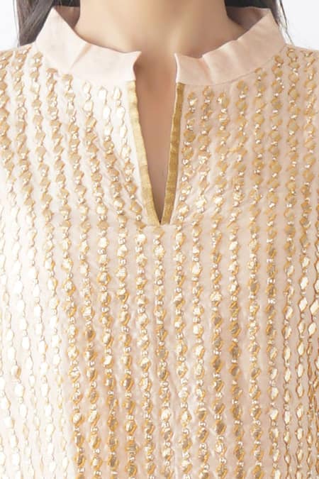 Buy_OMI_Pink Chanderi Gota Patti, Beads Mandarin Collar Embroidered Yoke Layered Kurta _Online_at_Aza_Fashions