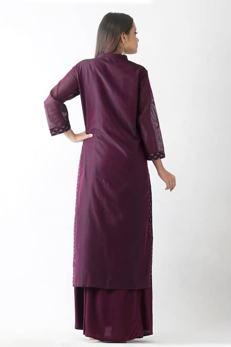 Shop_OMI_Wine Chanderi Embroidery Mandarin Collar Gota Work Yoke Layered Kurta _at_Aza_Fashions