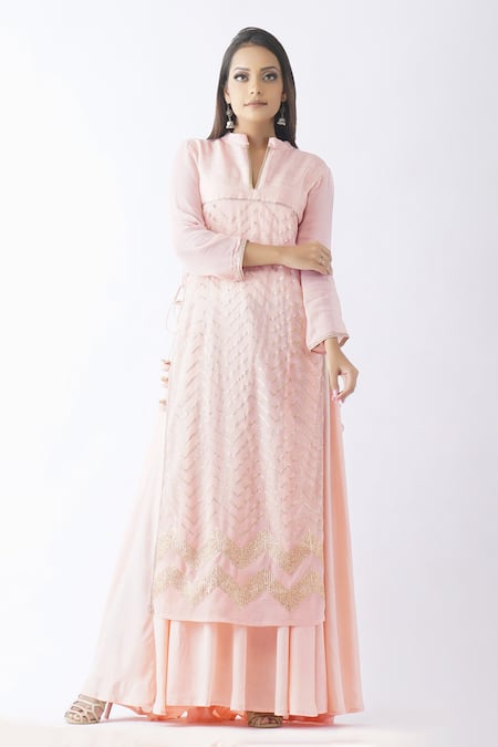 OMI_Pink Georgette Embroidery Mandarin Collar Sequin Layered Kurta _Online_at_Aza_Fashions
