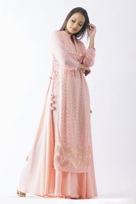 Buy_OMI_Pink Georgette Embroidery Mandarin Collar Sequin Layered Kurta _Online_at_Aza_Fashions