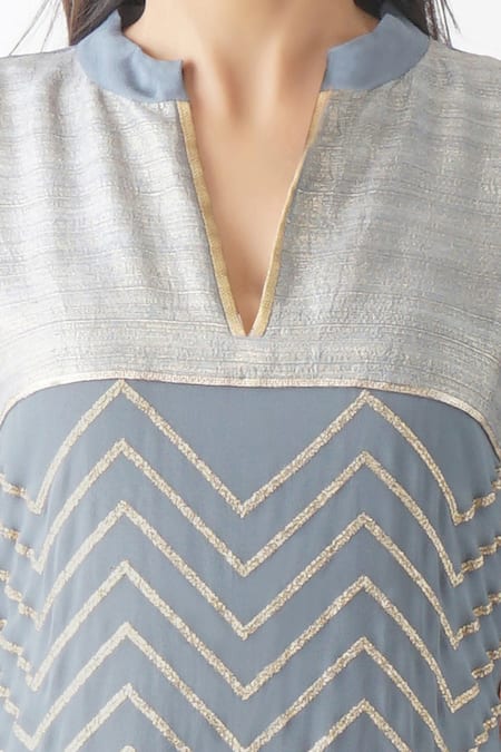 Shop_OMI_Grey Georgette Embroidery, Sequins Mandarin Collar Work Layered Kurta _Online_at_Aza_Fashions