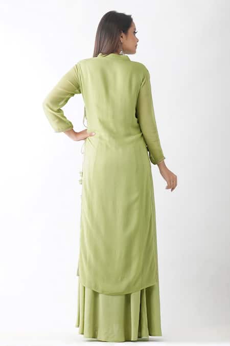 Shop_OMI_Green Georgette Sequins, Gota Patti Chevron Pattern Embroidered Layered Kurta _at_Aza_Fashions