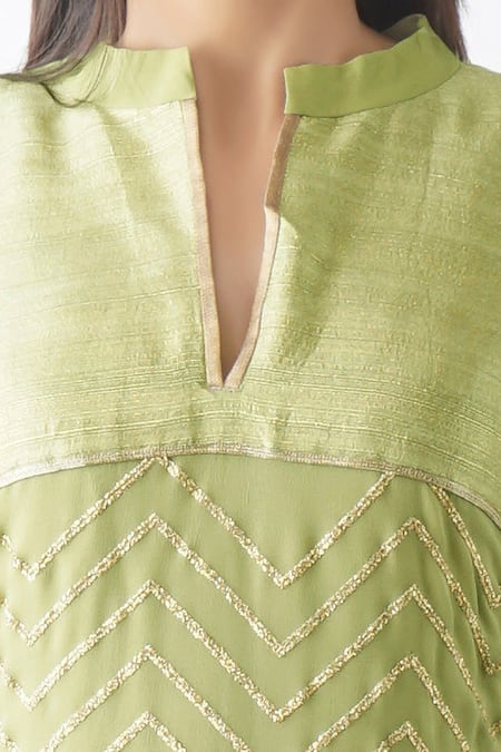 Shop_OMI_Green Georgette Sequins, Gota Patti Chevron Pattern Embroidered Layered Kurta _Online_at_Aza_Fashions