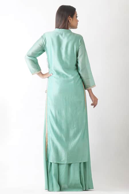 Shop_OMI_Blue Chanderi Embroidery, Sequins, Zari Mandarin Collar Hand Yoke Layered Kurta _at_Aza_Fashions