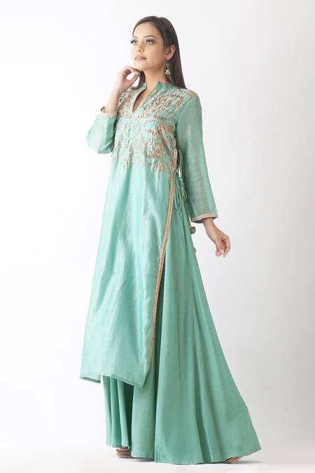 OMI_Blue Chanderi Embroidery, Sequins, Zari Mandarin Collar Hand Yoke Layered Kurta _Online_at_Aza_Fashions