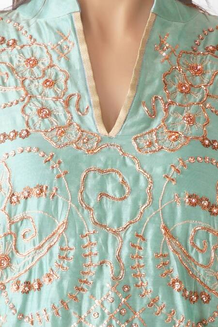 Shop_OMI_Blue Chanderi Embroidery, Sequins, Zari Mandarin Collar Hand Yoke Layered Kurta _Online_at_Aza_Fashions