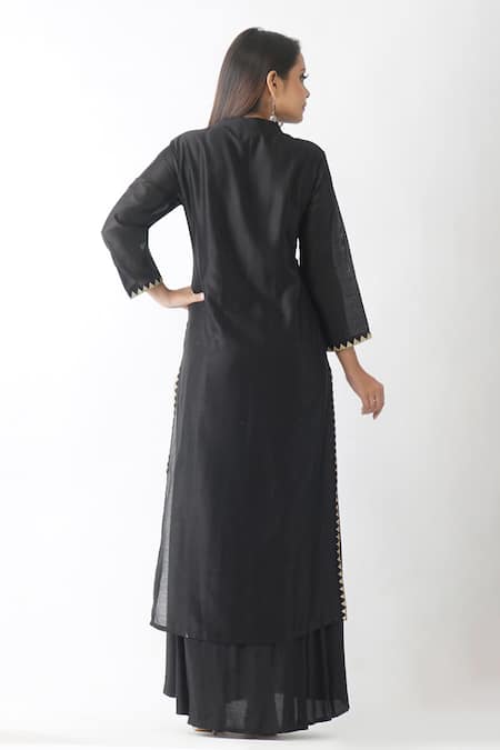 Shop_OMI_Black Chanderi Sequins, Zari, Beads Mandarin Collar Hand Work Yoke Layered Kurta _at_Aza_Fashions