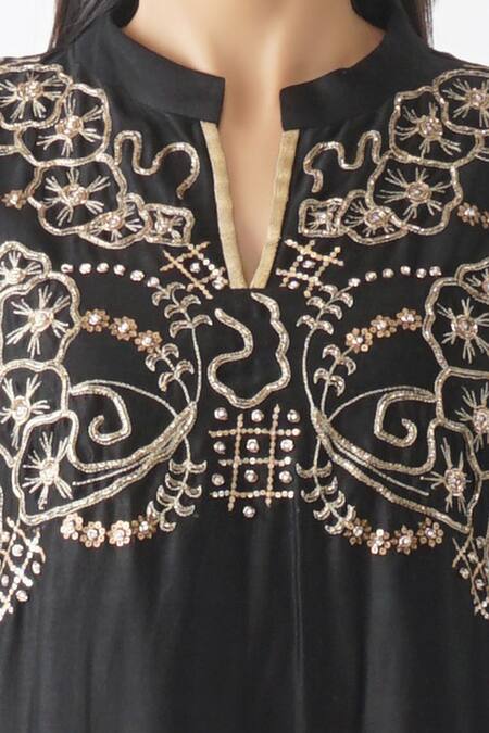 Shop_OMI_Black Chanderi Sequins, Zari, Beads Mandarin Collar Hand Work Yoke Layered Kurta _Online_at_Aza_Fashions