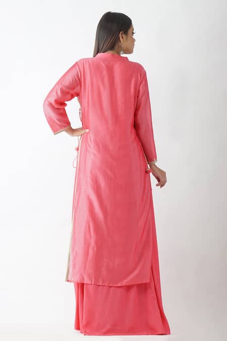 Shop_OMI_Pink Chanderi Embroidery, Sequins Mandarin Collar Jaal Yoke Layered Kurta _at_Aza_Fashions