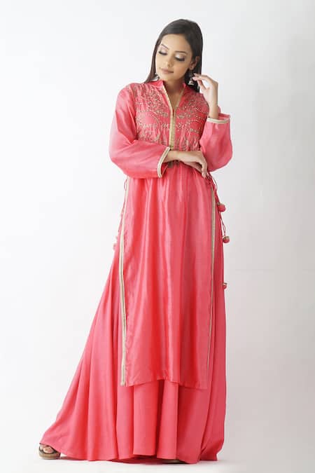OMI_Pink Chanderi Embroidery, Sequins Mandarin Collar Jaal Yoke Layered Kurta _Online_at_Aza_Fashions