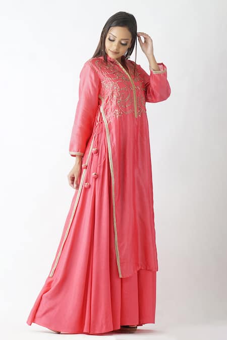 Buy_OMI_Pink Chanderi Embroidery, Sequins Mandarin Collar Jaal Yoke Layered Kurta _Online_at_Aza_Fashions