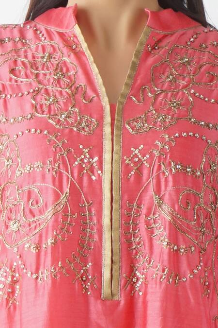Shop_OMI_Pink Chanderi Embroidery, Sequins Mandarin Collar Jaal Yoke Layered Kurta _Online_at_Aza_Fashions