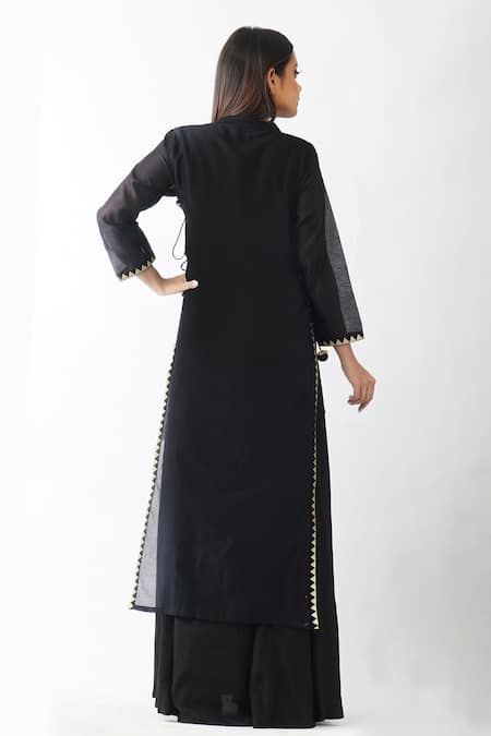 Shop_OMI_Black Chanderi Lace Mandarin Collar Solid Layered Kurta _at_Aza_Fashions