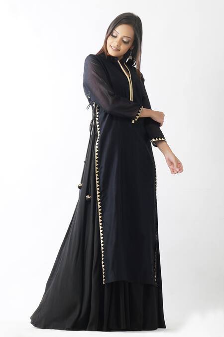 OMI_Black Chanderi Lace Mandarin Collar Solid Layered Kurta _Online_at_Aza_Fashions