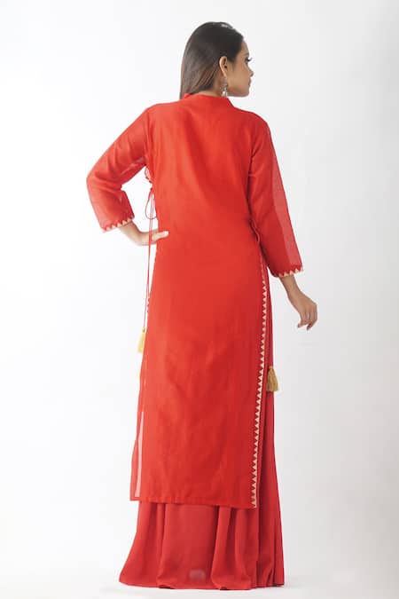 Shop_OMI_Red Chanderi Lace Mandarin Collar Solid Layered Kurta _at_Aza_Fashions