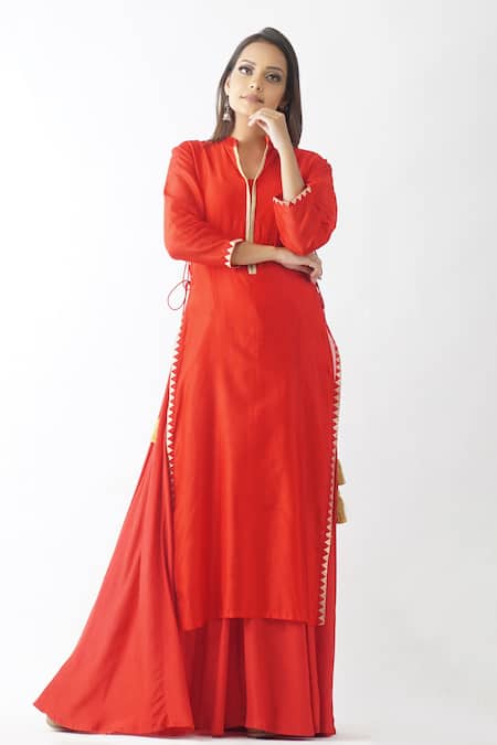 OMI_Red Chanderi Lace Mandarin Collar Solid Layered Kurta _Online_at_Aza_Fashions