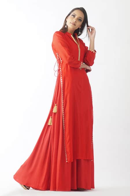 Buy_OMI_Red Chanderi Lace Mandarin Collar Solid Layered Kurta _Online_at_Aza_Fashions