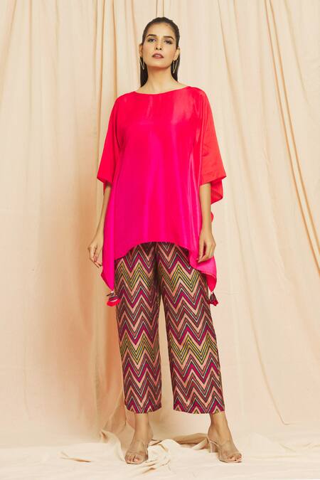 Meghna Panchmatia Fuchsia Silk Tassels Round Neck Ombre Kaftan With Pant Online at Aza Fashions Meghna Panchmatia_Fuchsia Silk Tassels Round Neck Ombre Kaftan With Pant _Online_at_Aza_Fashions